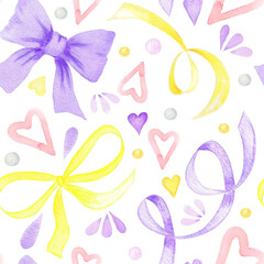 Watercolor lavender bow and yellow ribbon hand painted seamless pattern