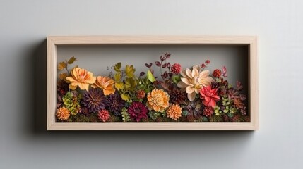 A beautiful arrangement of colorful, handcrafted flowers displayed in a wooden frame, showcasing artistry and nature in a striking composition.
