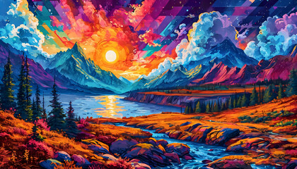 Fototapeta premium Abstraktion Eine futuristische Berglandschaft 16х9. Hintergrund für das Design 3.
