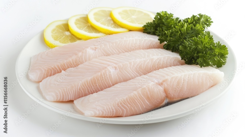 Aufkleber raw fish fillets arranged on a plate with lemon slices and parsley on a clean white background for c