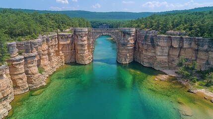 Obraz premium Aerial view of a natural stone bridge over a clear river surrounded by lush greenery.