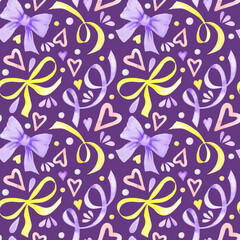 Watercolor lavender bow and yellow ribbon hand painted seamless pattern