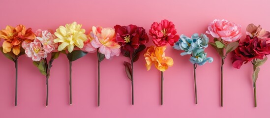 Colorful flower arrangement on pink background with space for text ideal for invitations or stationery designs.