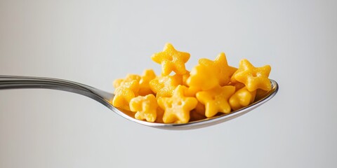 Yellow star shaped cereal displayed on a spoon, showcasing the vibrant yellow color of the cereal against a clean white background, perfect for emphasizing the fun and playful nature of cereal.