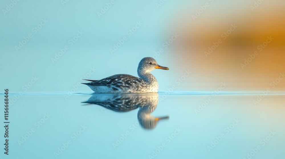 Poster Illuminated water scene featuring a solitary bird gliding gracefully on a tranquil surface reflected in serene natural colors