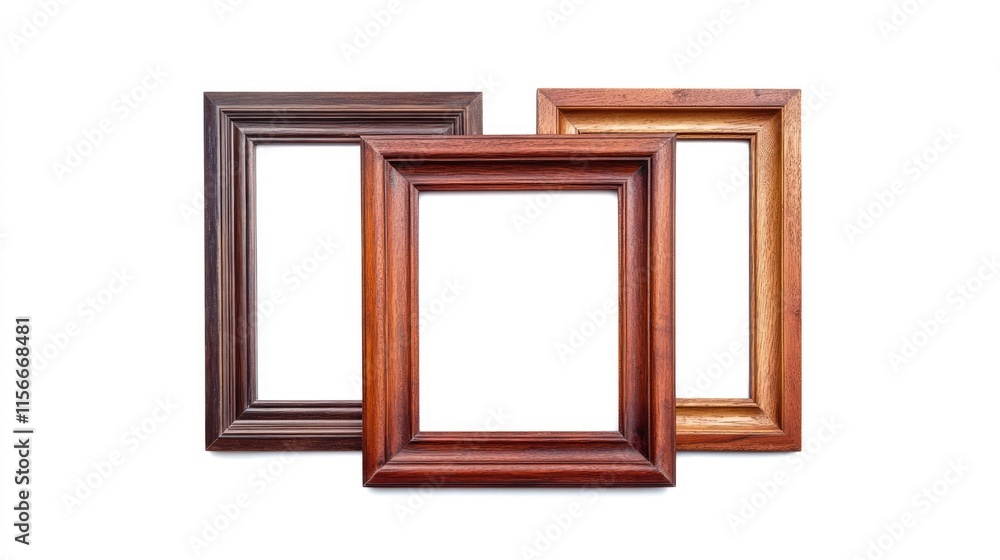 Poster Triple wooden frames for paintings mirrors or photos isolated on white background elegant design element with clipping path included
