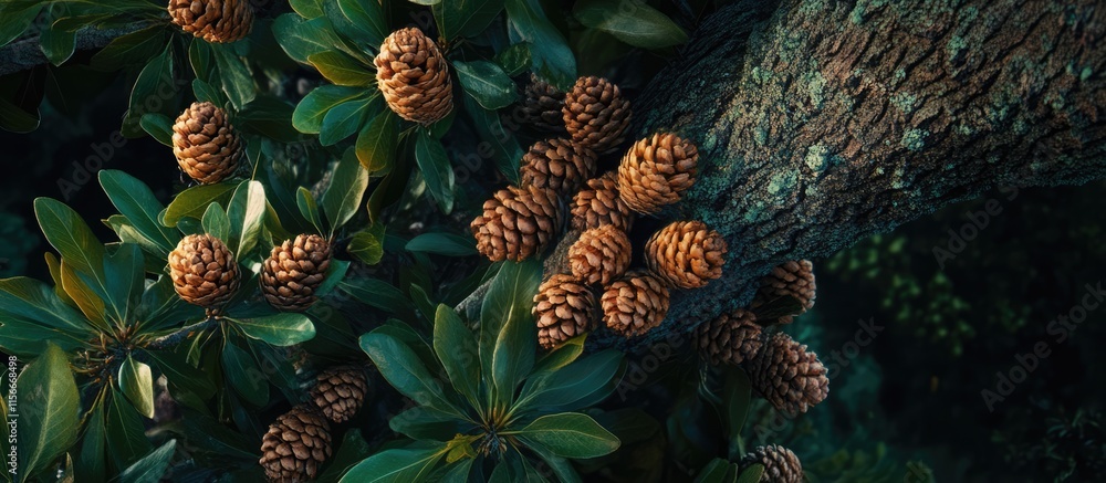 Poster Top view of a tree with abundant cones and lush green foliage creating a natural and serene atmosphere in a forest setting