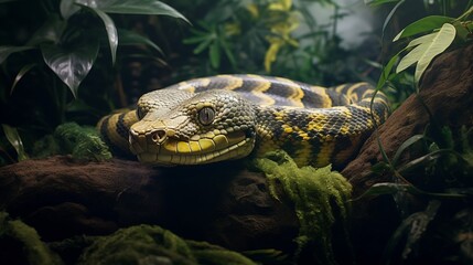 Reticulated Python Coiled Gracefully in a Dense Jungle Environment Blending into the Vibrant Foliage and Vegetation