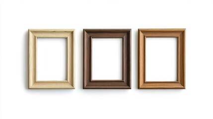 Triple wooden picture frames isolated on white background showcasing various wood finishes for art photography or decorative displays