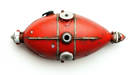 Top view of a vintage red fire extinguisher isolated on a clean white background showcasing its unique design and textures