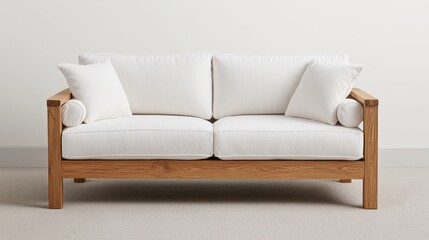 Fototapeta premium Minimalist pine wood sofa frame with white cotton cushions for modern interiors