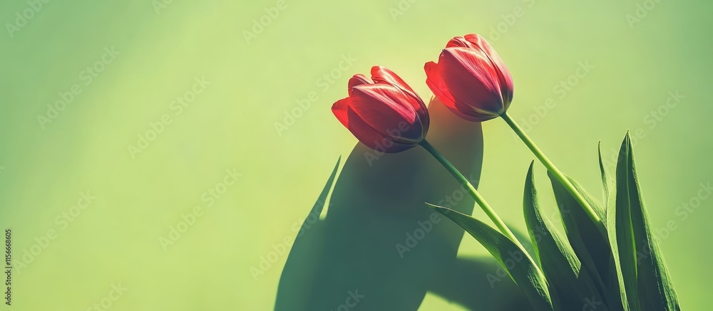 Poster Bright red tulips on a soft yellow green background viewed from above with ample space for text and design elements.