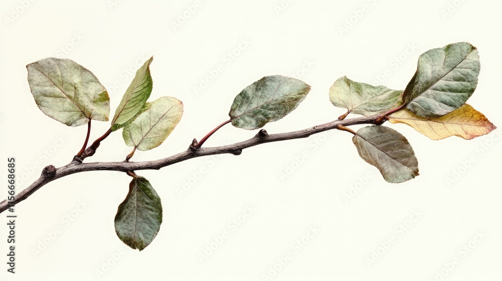 Poster branch with leaves showcasing autumn colors and texture against a plain background for nature and bo