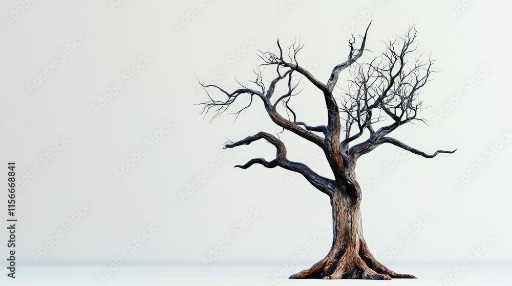 Poster barren tree trunk isolated on light background showcasing intricate textures and details of dry branches and weathered wood