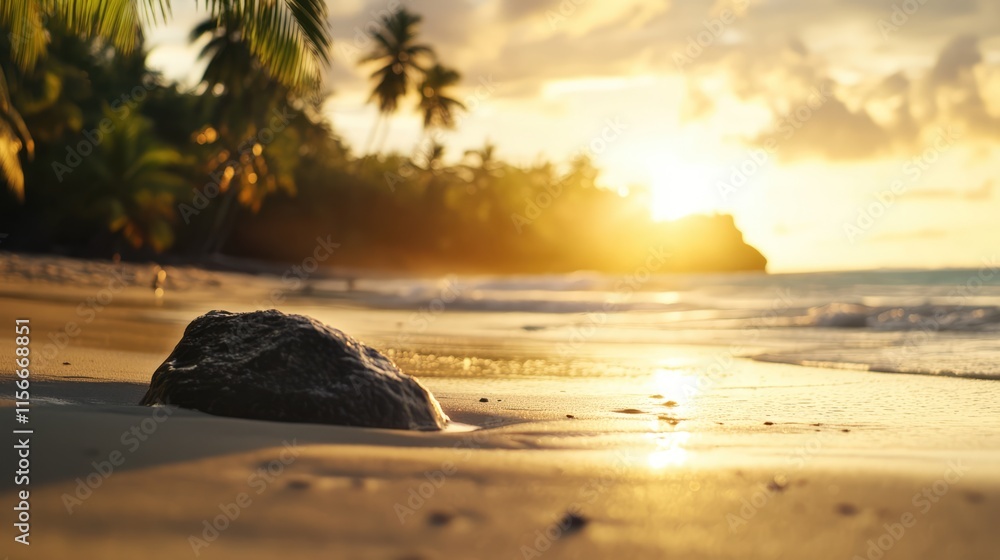 Poster Tropical beach at sunset featuring a rock on the sand with incoming tide and palm trees in the background creating a serene atmosphere.