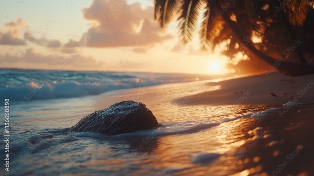 Aufkleber tropical beach at sunset with incoming tide highlighting a rock on the sand surrounded by gentle wav