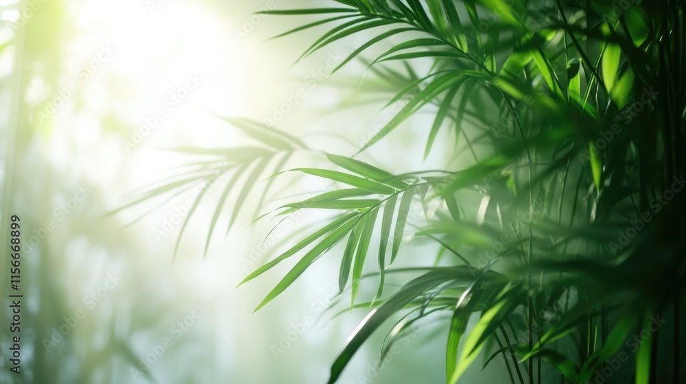 Poster tropical bamboo foliage illuminated by soft backlight creating a serene and exotic atmosphere in a n