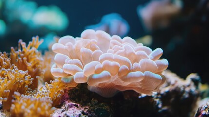 Naklejka premium Vibrant Coral Reef Ecosystem Showcasing Colorful Corals and Marine Life in a Tranquil Underwater Environment