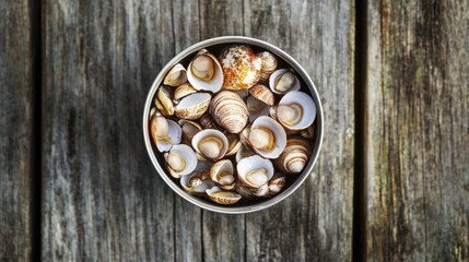 Canned cockles displayed on rustic wooden table showcasing a top view of seafood preservation in natural setting