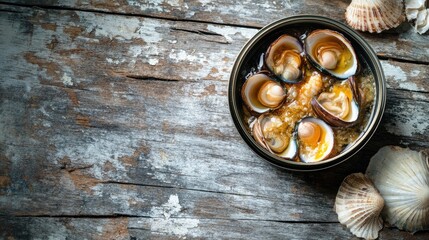 Top View of Preserved Cockles in Can with Shells on Rustic Wooden Table Setting