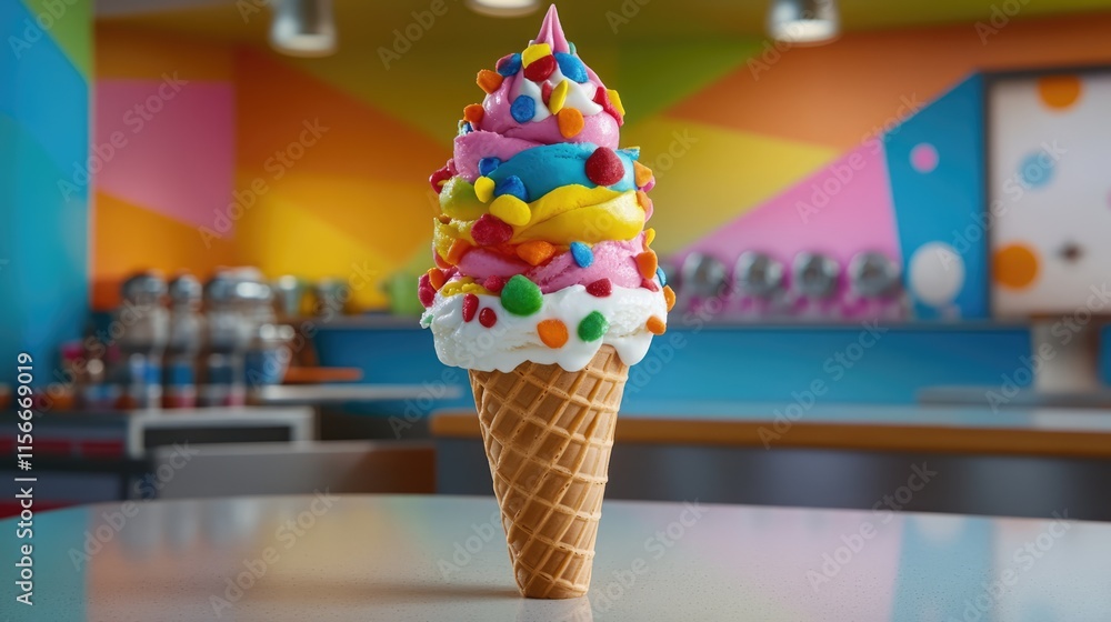 Poster vibrant triple layered ice cream cone with colorful scoops and sprinkles against a cheerful bright b