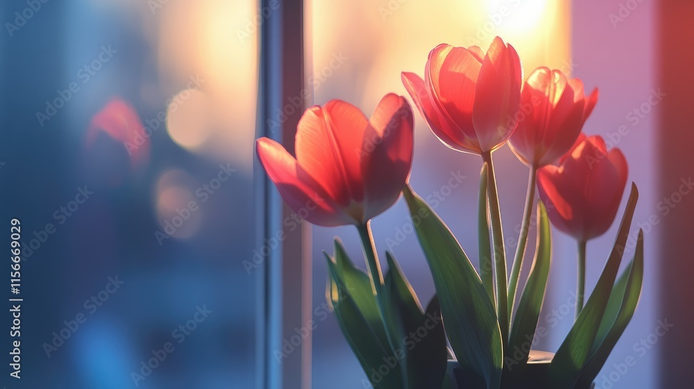 Poster vibrant red tulips in a soft morning light creating a serene and fresh atmosphere by the window