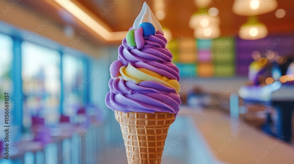 Poster colorful triple layered ice cream cone with swirls and toppings against a vibrant cafe background