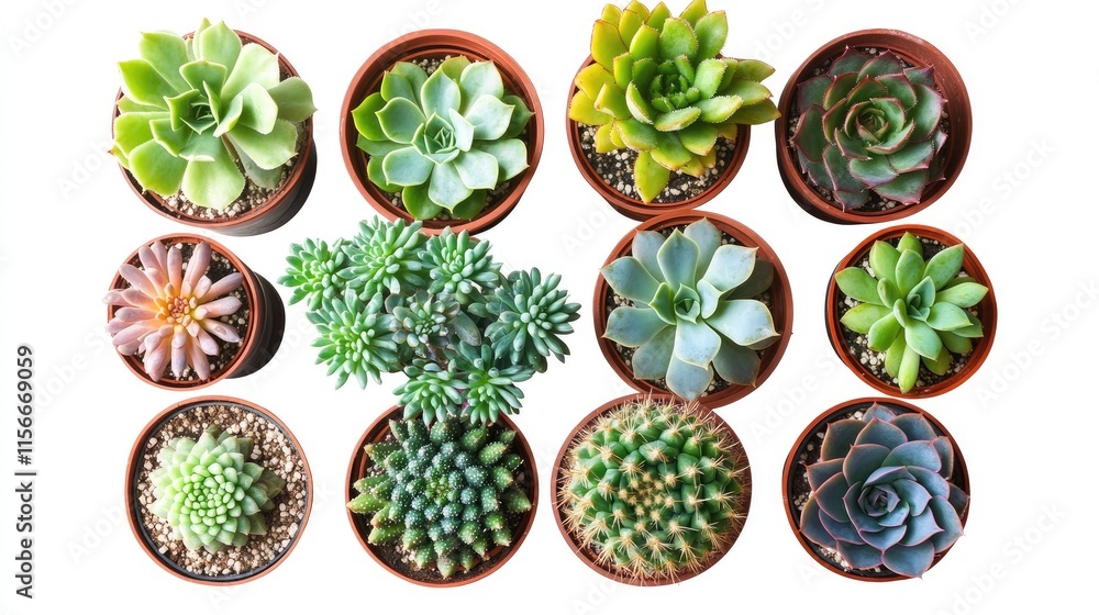 Poster collection of assorted succulent cacti in pots arranged in a top view layout on white background for