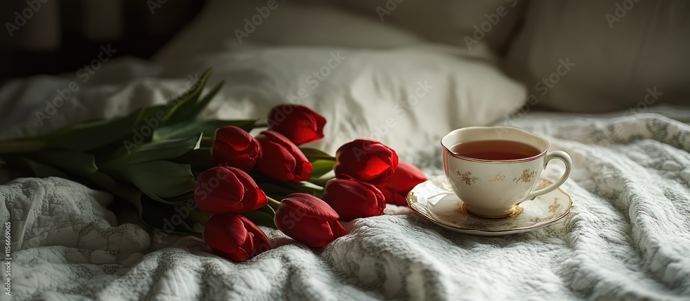 Aufkleber Red tulips and a cup of tea displayed on a cozy bed with soft linens creating a serene and inviting atmosphere.