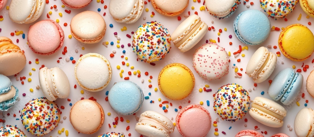 Poster top view of assorted colorful macarons with sprinkles on a light background ideal for dessert promot