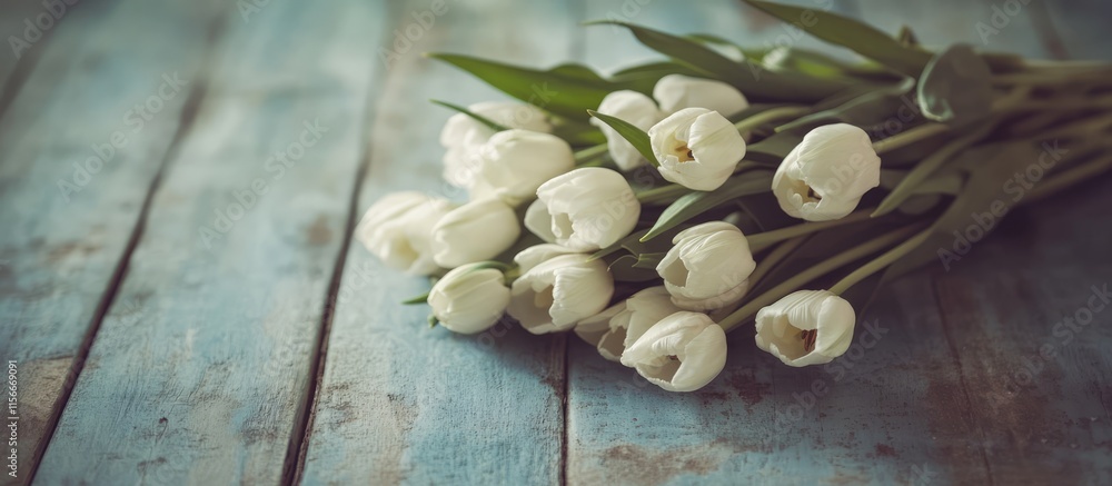 Aufkleber White tulip bouquet elegantly arranged on rustic wooden surface with soft focus creating a serene and vintage atmosphere