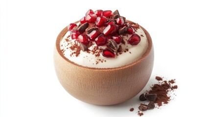 Yogurt served in a smooth wooden cup, topped with pomegranate seeds and a dusting of cocoa powder, on a white background.