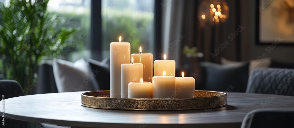 Poster elegant candles on a luxurious golden tray creating a sophisticated ambiance in a stylish modern hom