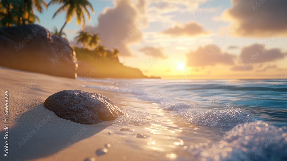 Aufkleber serene tropical beach sunset featuring incoming tide and a rock in the sand surrounded by palm trees