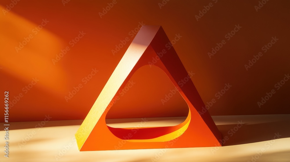Poster geometric orange triangle sculpture with hollow center casting shadows on a warm background creating