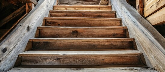 Rustic wooden stairs viewed from above creating a natural background texture for design projects and creative applications