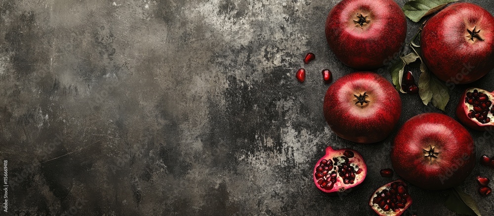 Poster top view of ripe apples and pomegranates on a dark grey background with ample space for text showcas