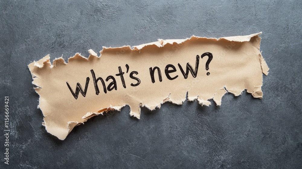 Poster torn paper background with handwritten phrase whats new message for announcements or updates in a cr