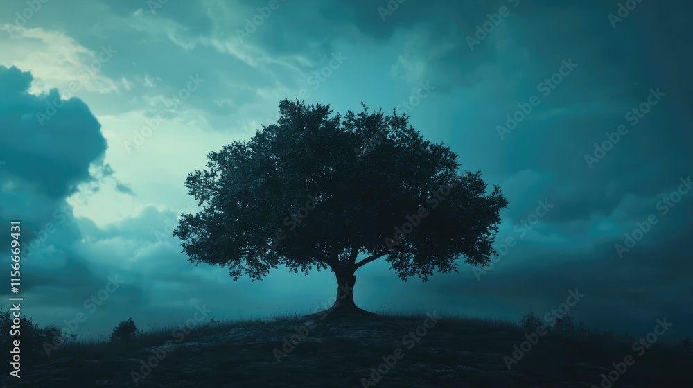 Poster silhouetted tree on a hill under moody blue sky and dramatic clouds creating a serene and atmospheri