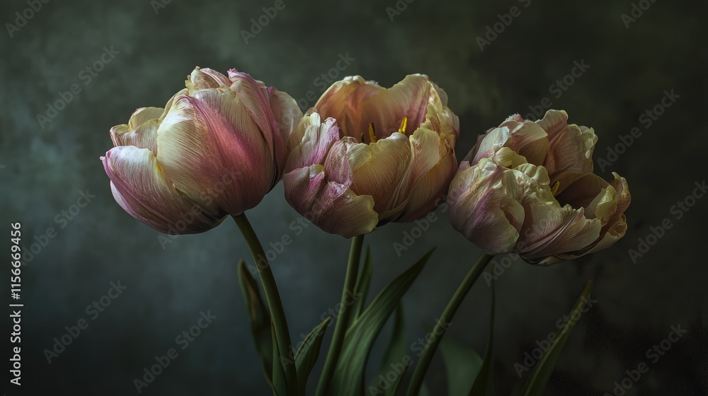 Poster delicate pink tulips captured in soft light showcasing intricate petals and lush green leaves on a t