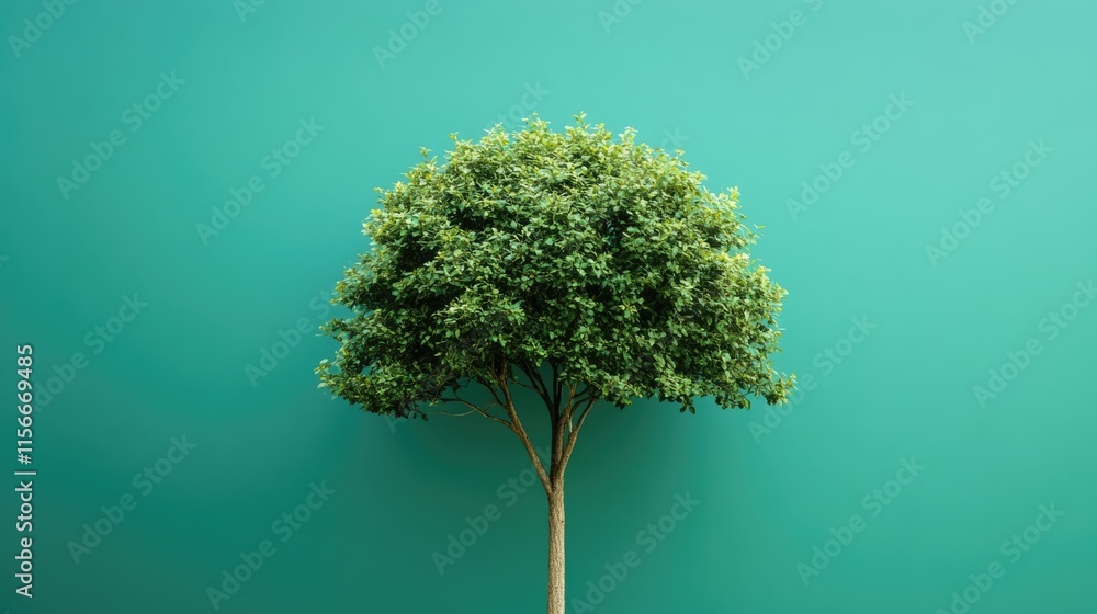 Poster Lush green tree against a vibrant teal backdrop symbolizing nature and tranquility in modern design applications.