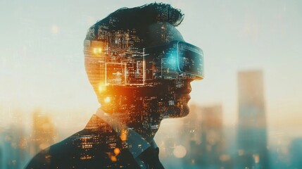 Double exposure businessman in VR goggles exploring futuristic technology and cyber security concepts in a smart city environment.