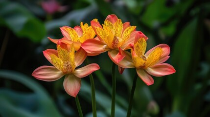 Fototapeta premium Vibrant Tropical Lotus Flowers Blooming in Lush Green Setting with Delicate Petals and Rich Colors