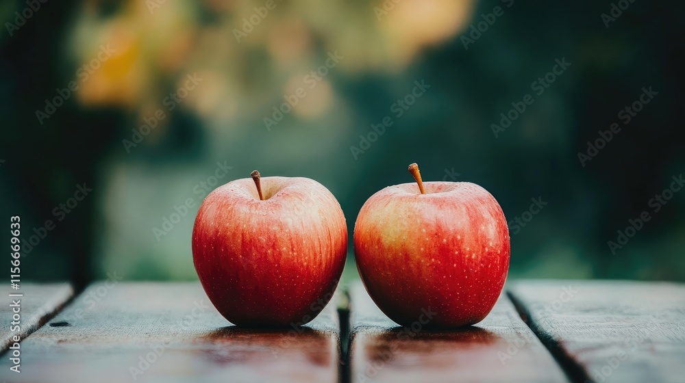 Poster two fresh red apples on a rustic wooden table with a blurred green background showcasing natural bea