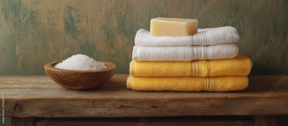 Poster spa setting with neatly arranged towels and bowl of salt on rustic wooden table highlighting relaxat