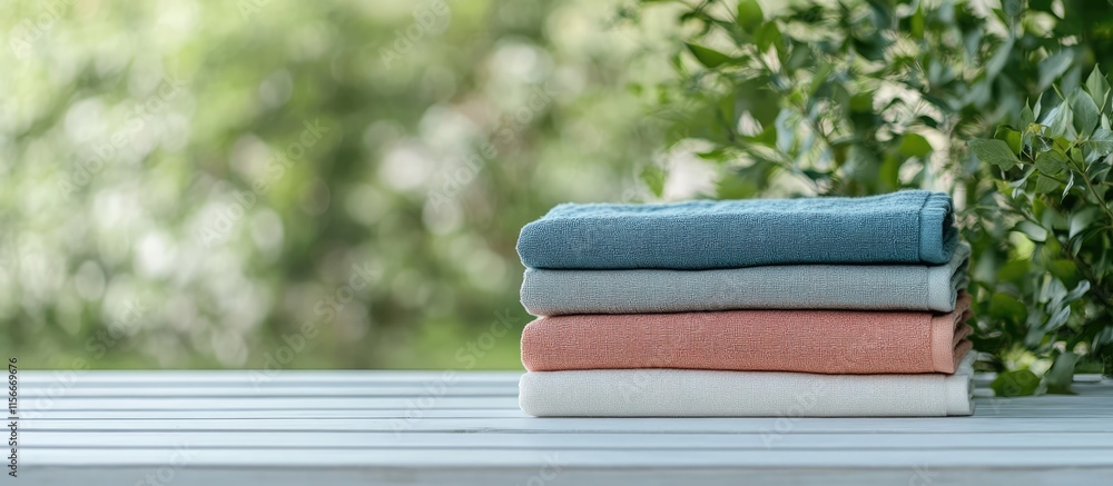 Poster neatly stacked towels on a white table with blurred greenery background ideal for showcasing product