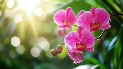 Orchid flowers blooming in a lush tropical garden with soft sunlight and vibrant greenery in the background
