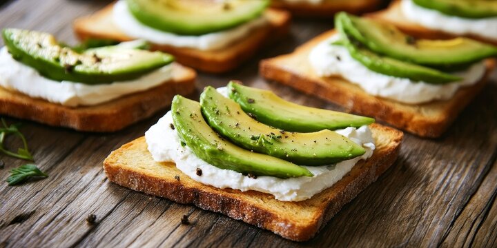 Crispbread toasts topped with creamy avocado and smooth cream cheese create a delightful snack, perfect for indulging. Enjoy these flavorful crispbread creations on a cozy wooden table.