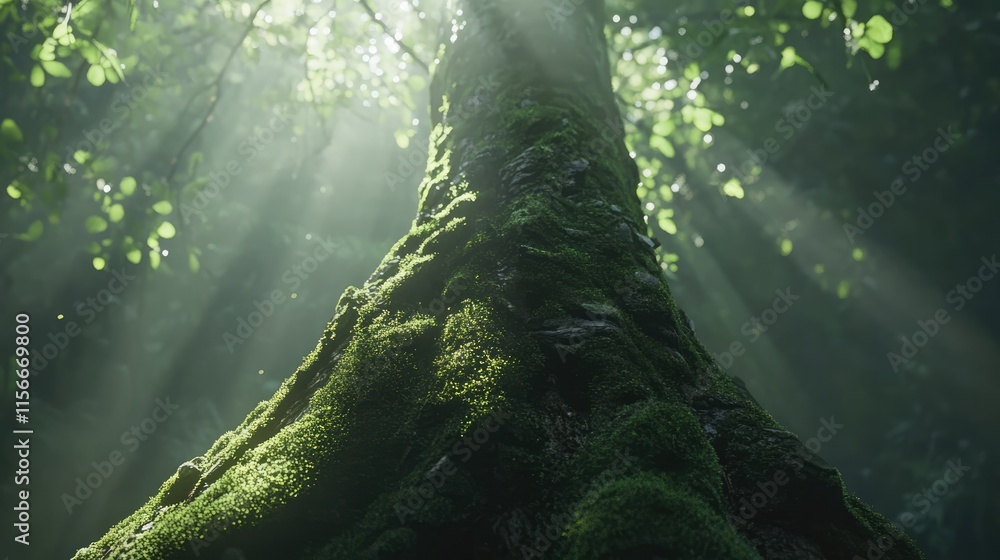 Poster mossy tree trunk basking in sunlight with sun rays filtering through lush forest foliage