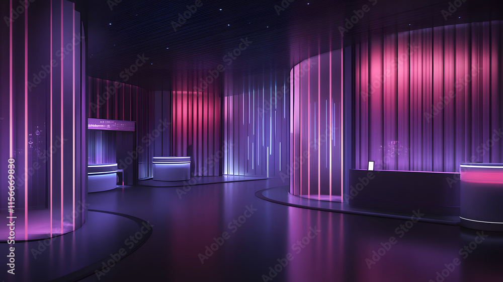 Poster futuristic interior with vibrant lighting and translucent partitions creating a modern ambiance